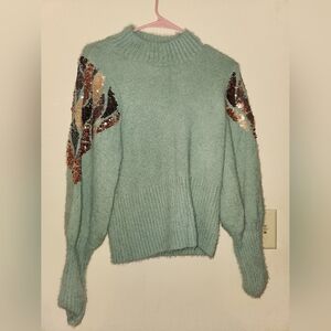 Listicle Teal Sweater with Sequin Accents